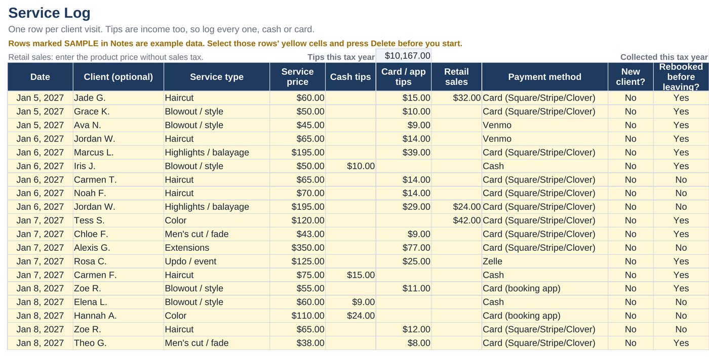 Service Log tab showing sample visits with service prices, cash tips, card tips and payment methods