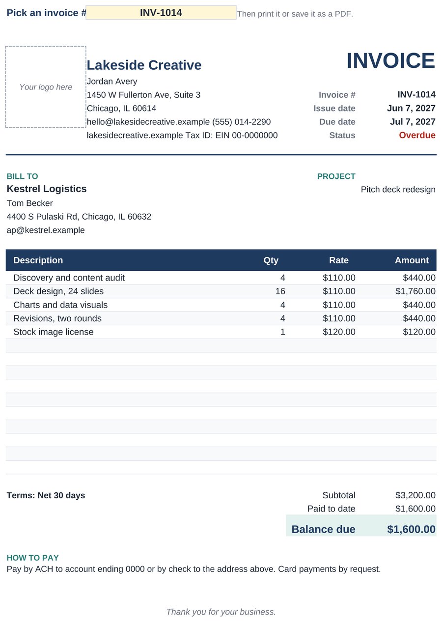 Invoice Generator tab showing a filled-in sample invoice